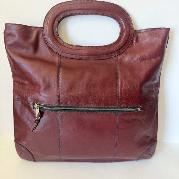 TEMPO Leather Made In Colombia Dark Red Brown Foldover Clutch Large Handbag Tote - Picture 1 of 16